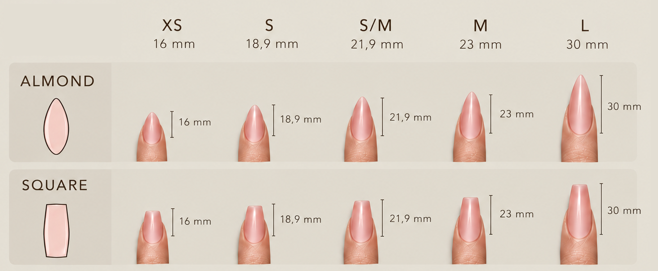 Length chart for Almond and Square: XS 16 mm, S 18.9 mm, S/M 21.9 mm, M 23 mm and L 30 mm