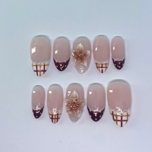 Burgundy Bloom Plaid press-on nail set with a 3D flower