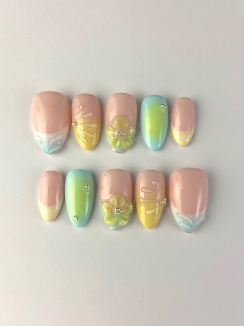 Pastel Garden French press-on nail set with 3D flowers